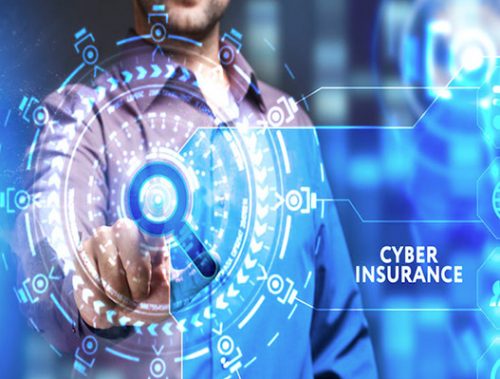 Person touching virtual cyber insurance interface